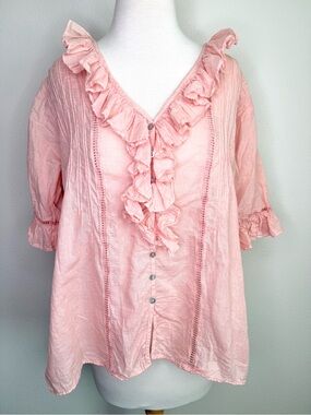 JP And Mattie Blouse Women's Ruffle V-Neck Top in Soft Pink Cotton NWOT